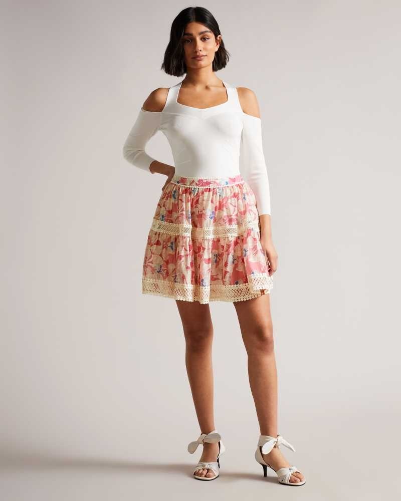 Medium Pink Ted Baker Tabita Full Mini Skirt with Lace Tape | US0000710