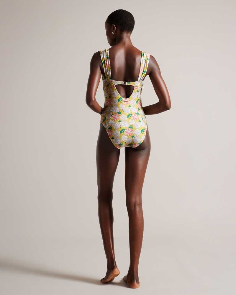 Medium Yellow Ted Baker Adelisa Floral Pleated Strap Cupped Swimsuit | US0000830