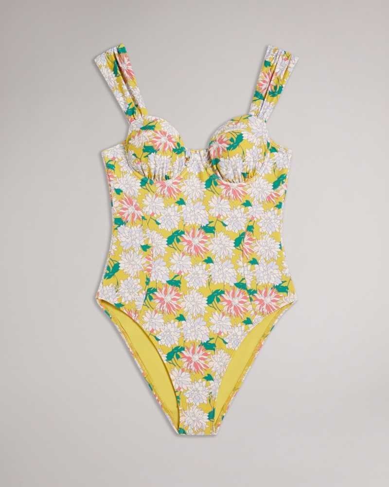 Medium Yellow Ted Baker Adelisa Floral Pleated Strap Cupped Swimsuit | US0000830