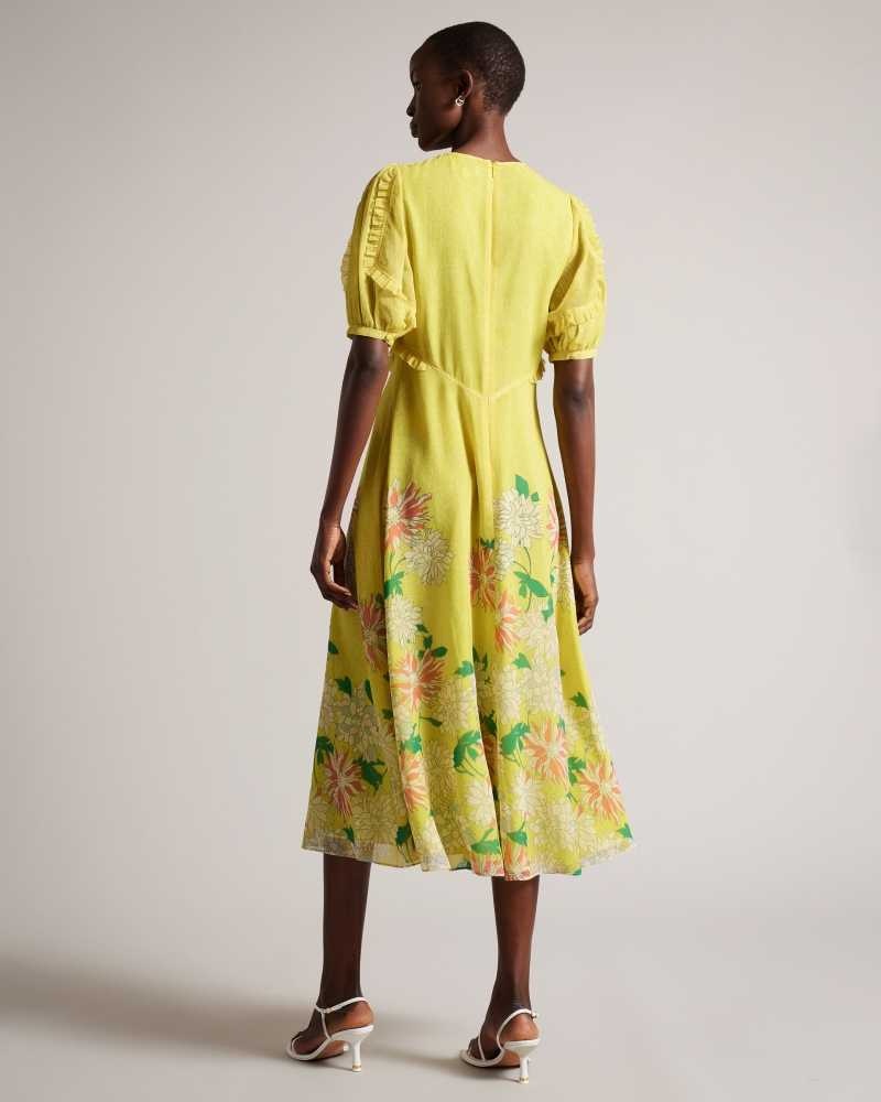 Medium Yellow Ted Baker Carinnn Puff Sleeve Midi Tea Dresses | US0000144