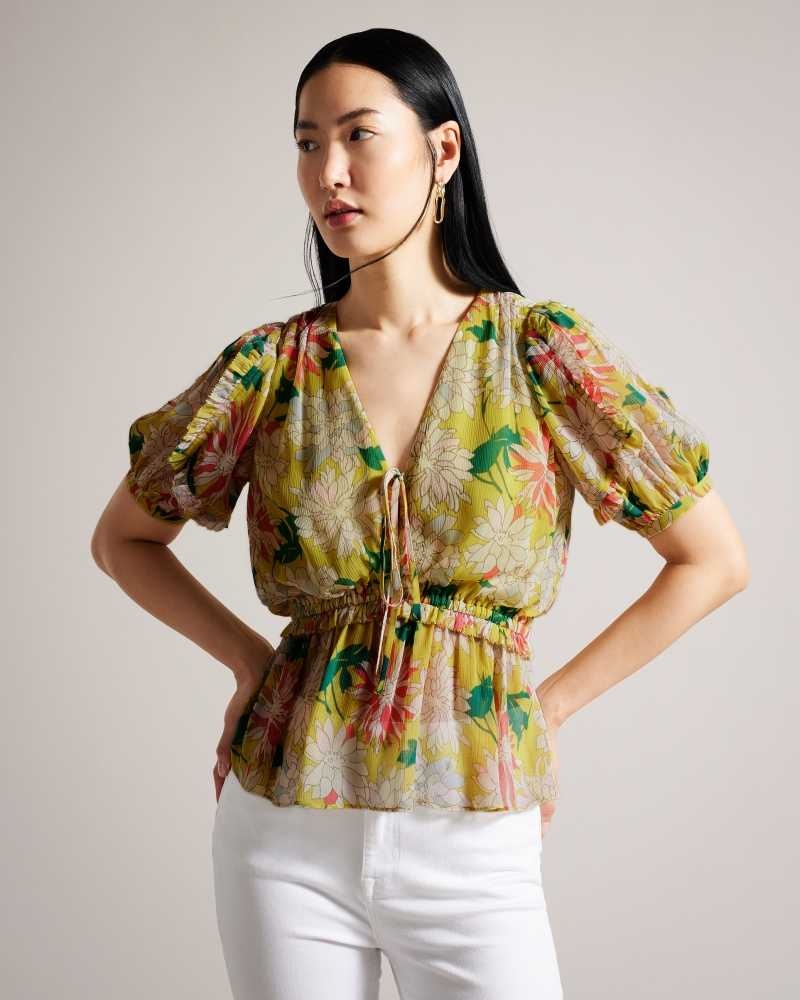 Medium Yellow Ted Baker Gabbyie Ruffled Floral Puff Sleeve Top | US0000955