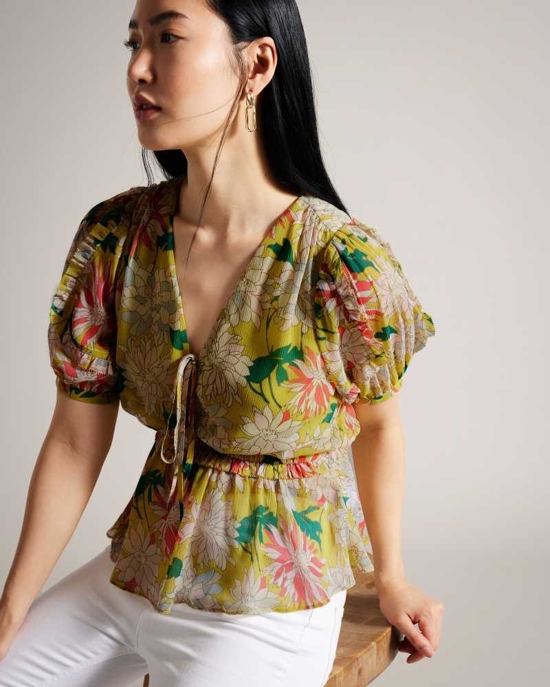 Medium Yellow Ted Baker Gabbyie Ruffled Floral Puff Sleeve Top | US0000955