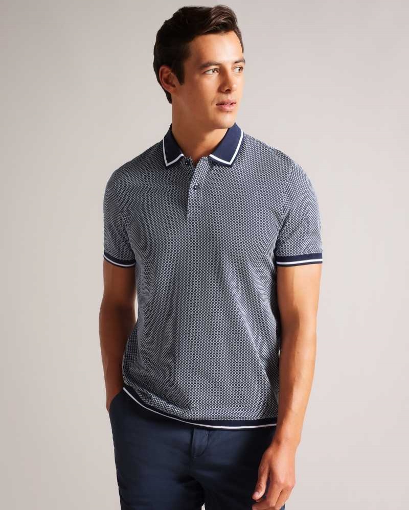 Navy Ted Baker Affric Short Sleeve Regular Geo Textured Polo Shirt | US0000499