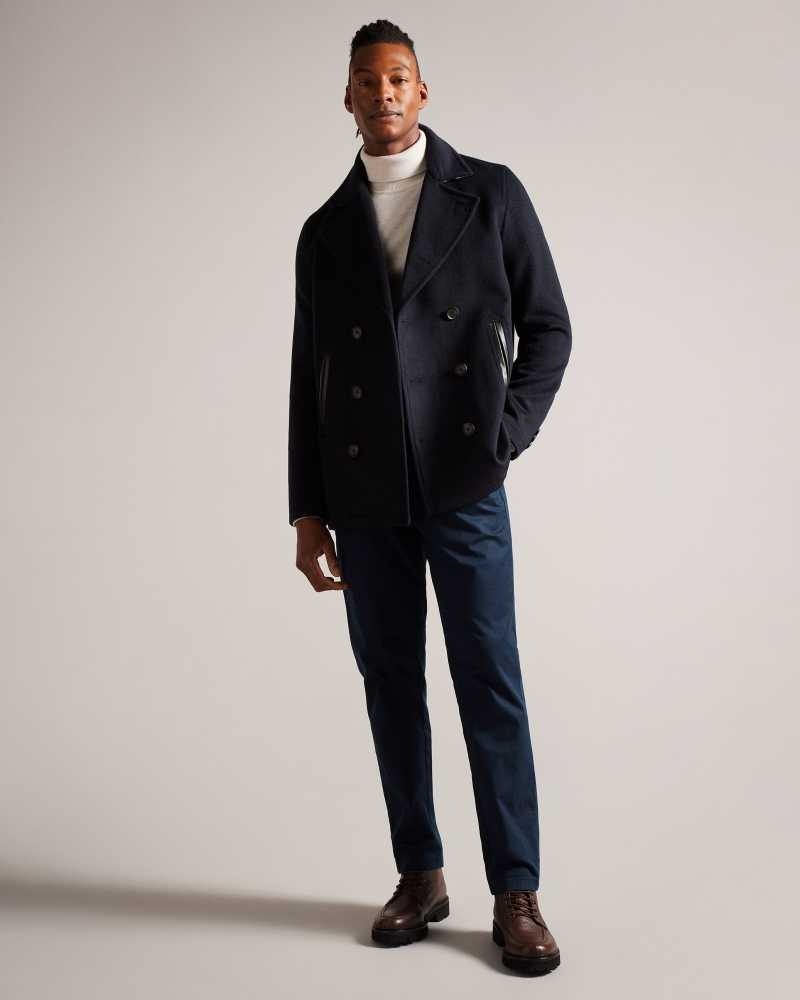 Navy Ted Baker Aldovie Double Breasted Wool Blend Peacoat Coats | US0000216