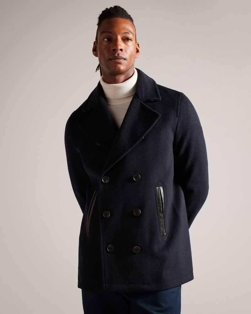 Navy Ted Baker Aldovie Double Breasted Wool Blend Peacoat Coats | US0000216