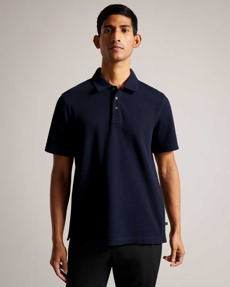 Navy Ted Baker Bute Short Sleeve Regular Fit Textured Polo Shirt | US0000505