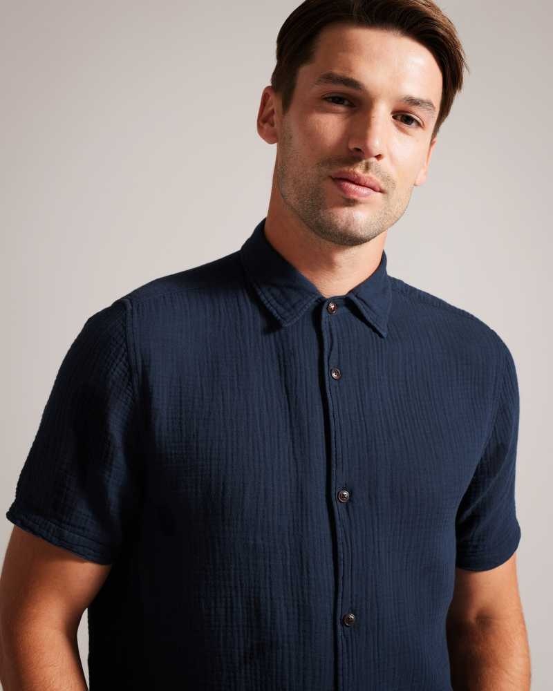 Navy Ted Baker Digmer Short Sleeve Lightweight Textured Shirt | US0000618