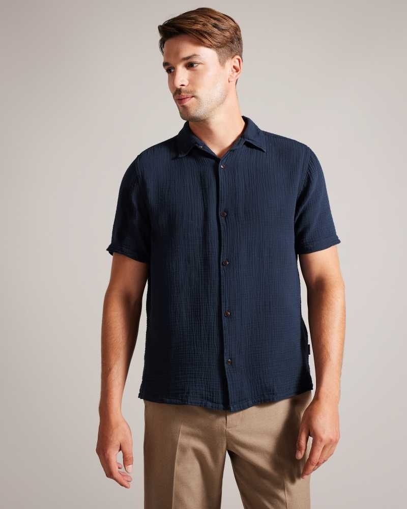 Navy Ted Baker Digmer Short Sleeve Lightweight Textured Shirt | US0000618