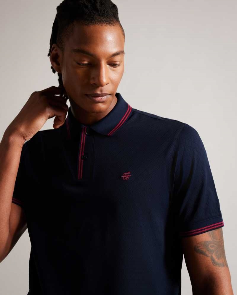 Navy Ted Baker Dynam Monogram Diamond Knit Polo Shirt | US0000479