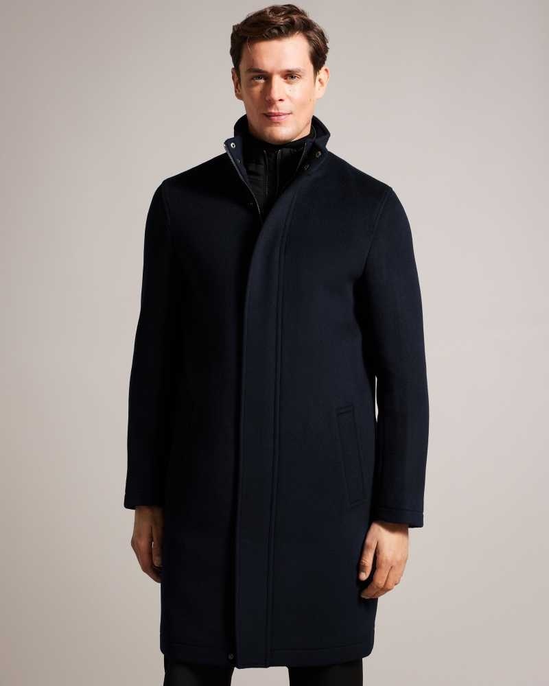 Navy Ted Baker Ederson Wool Blend Funnel Neck Coat Coats | US0000186