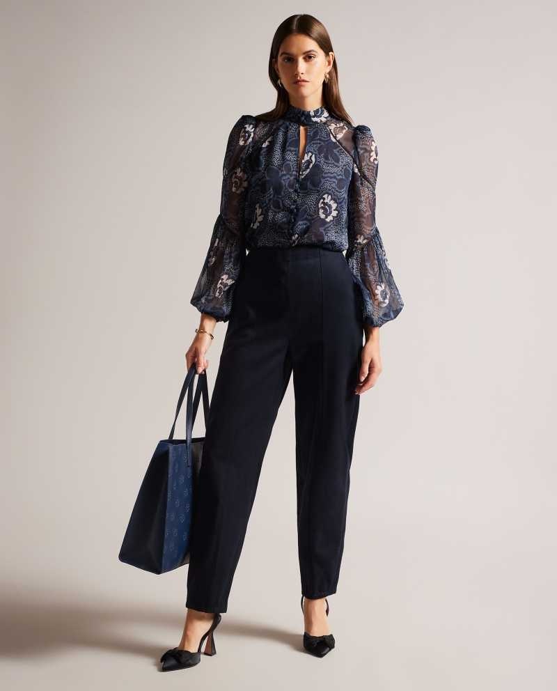 Navy Ted Baker Eliona Barrel Trousers With Pin Tuck Detail | US0001126