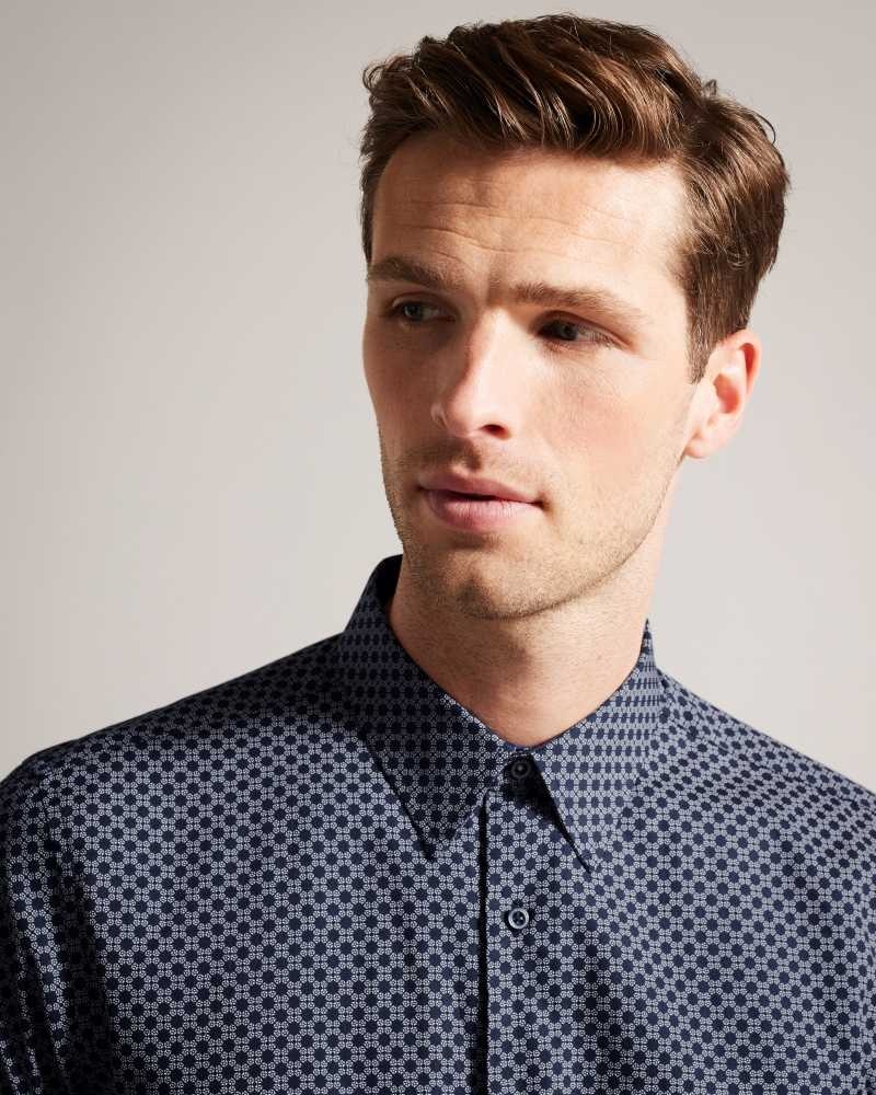 Navy Ted Baker Geopls Geometric Print Long Sleeve Cotton Shirt | US0000639