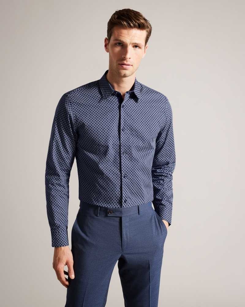 Navy Ted Baker Geopls Geometric Print Long Sleeve Cotton Shirt | US0000639