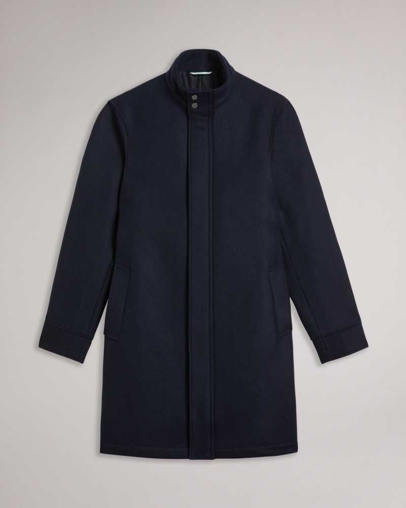 Navy Ted Baker Icomb Italian Wool Blend Funnel Neck Overcoat Coats | US0000207