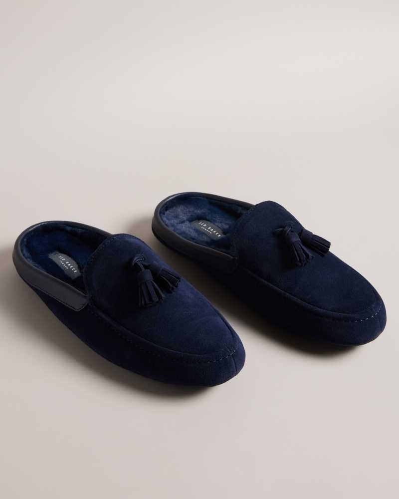 Navy Ted Baker Iordan Suede Tassel Mule Slippers | US0002167