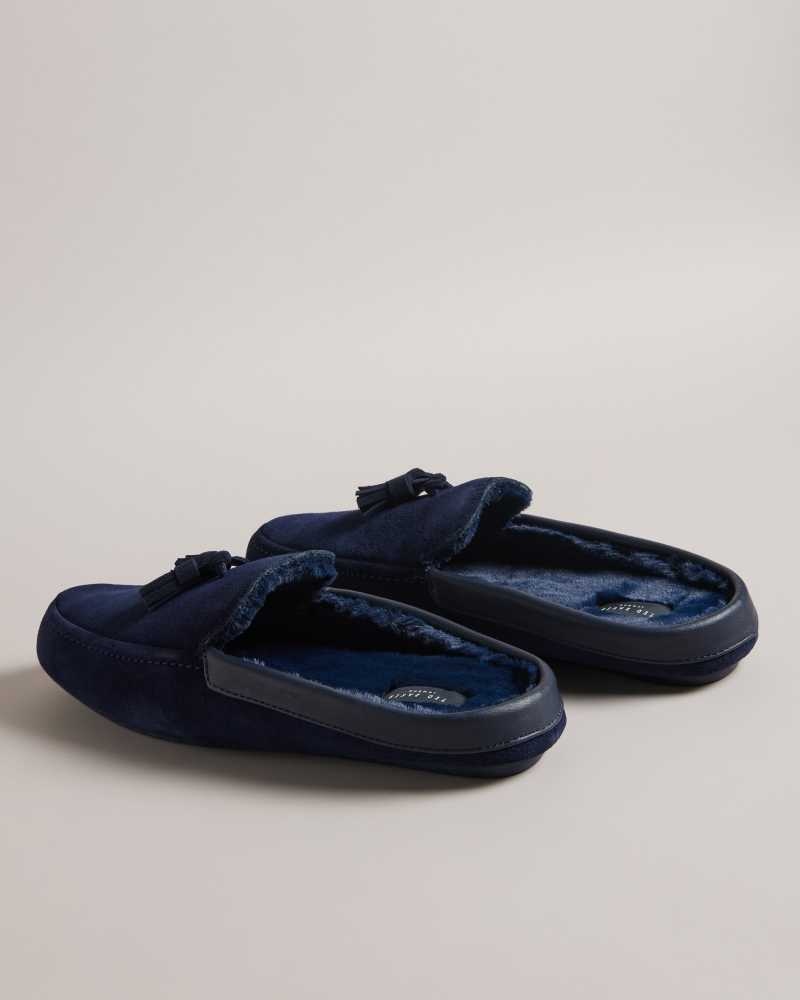 Navy Ted Baker Iordan Suede Tassel Mule Slippers | US0002167