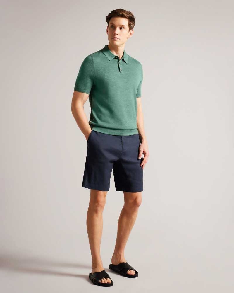 Navy Ted Baker Leder Linen Blend Half Elasticated Shorts | US0000662