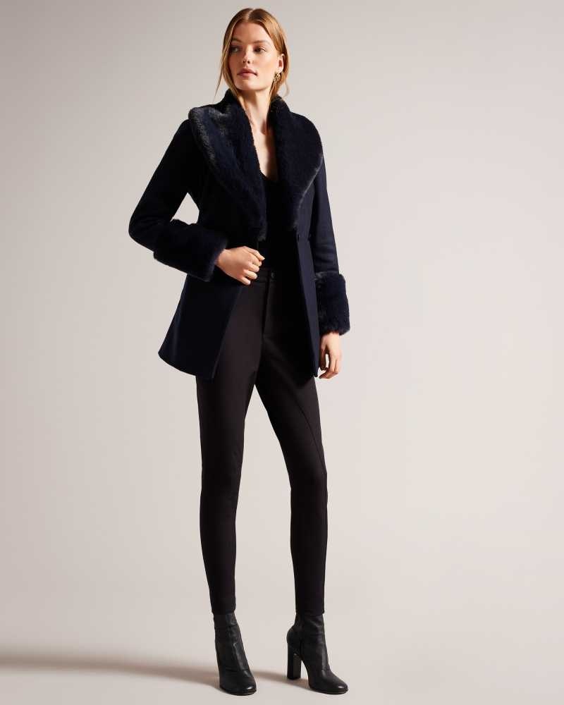 Navy Ted Baker Loleta Belted Coat With Faux Fur Collar and Cuffs Coats | US0000205