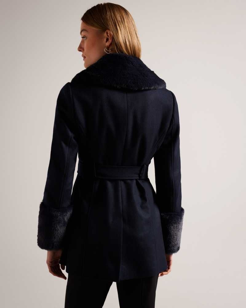 Navy Ted Baker Loleta Belted Coat With Faux Fur Collar and Cuffs Coats | US0000205