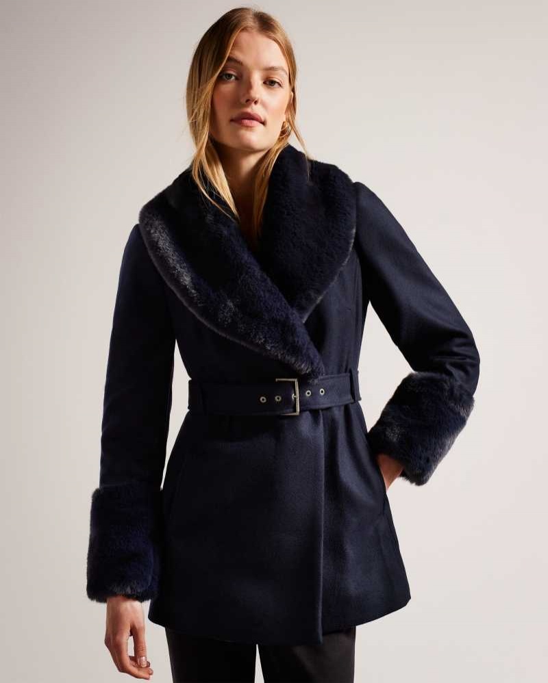 Navy Ted Baker Loleta Belted Coat With Faux Fur Collar and Cuffs Coats | US0000205