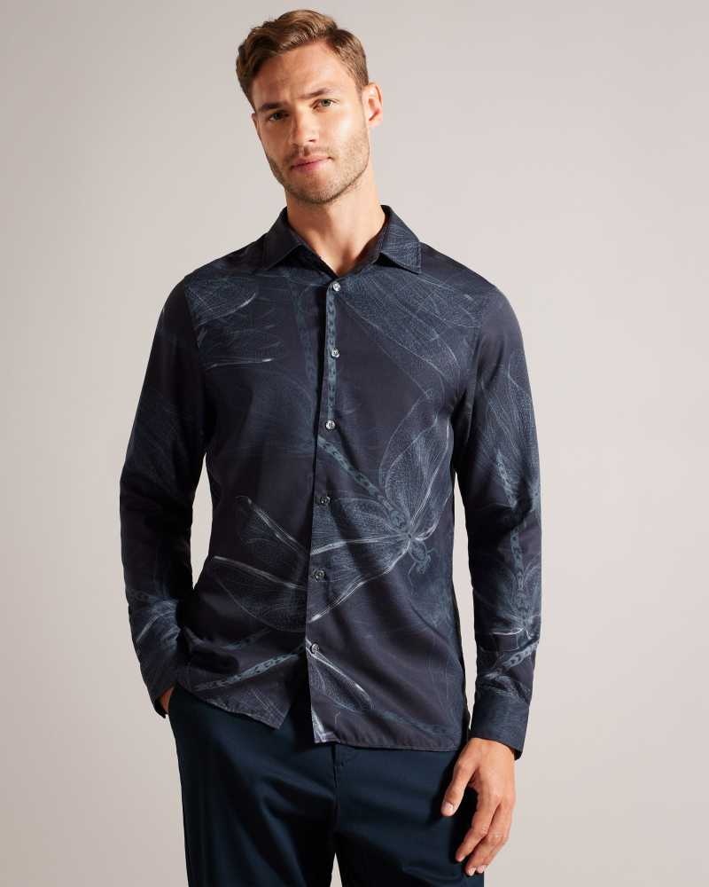 Navy Ted Baker Loreto Long Sleeve Dragonfly Shirt | US0000628