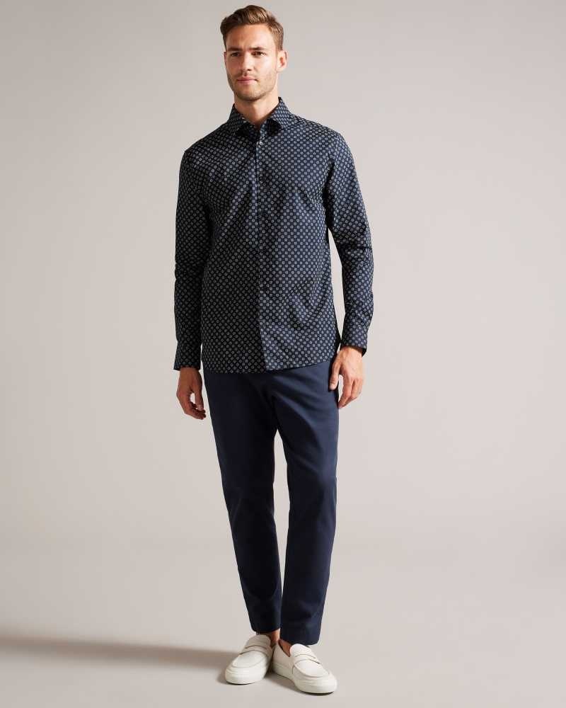 Navy Ted Baker Lorter Long Sleeve Geometric Print Shirt | US0000660