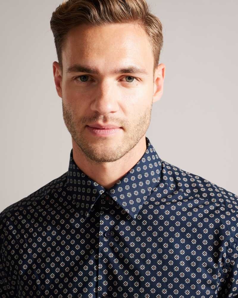 Navy Ted Baker Lorter Long Sleeve Geometric Print Shirt | US0000660