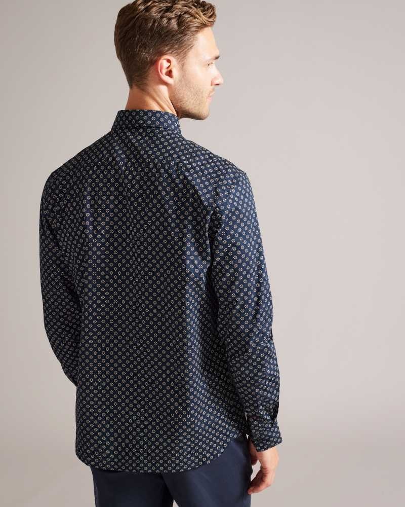 Navy Ted Baker Lorter Long Sleeve Geometric Print Shirt | US0000660