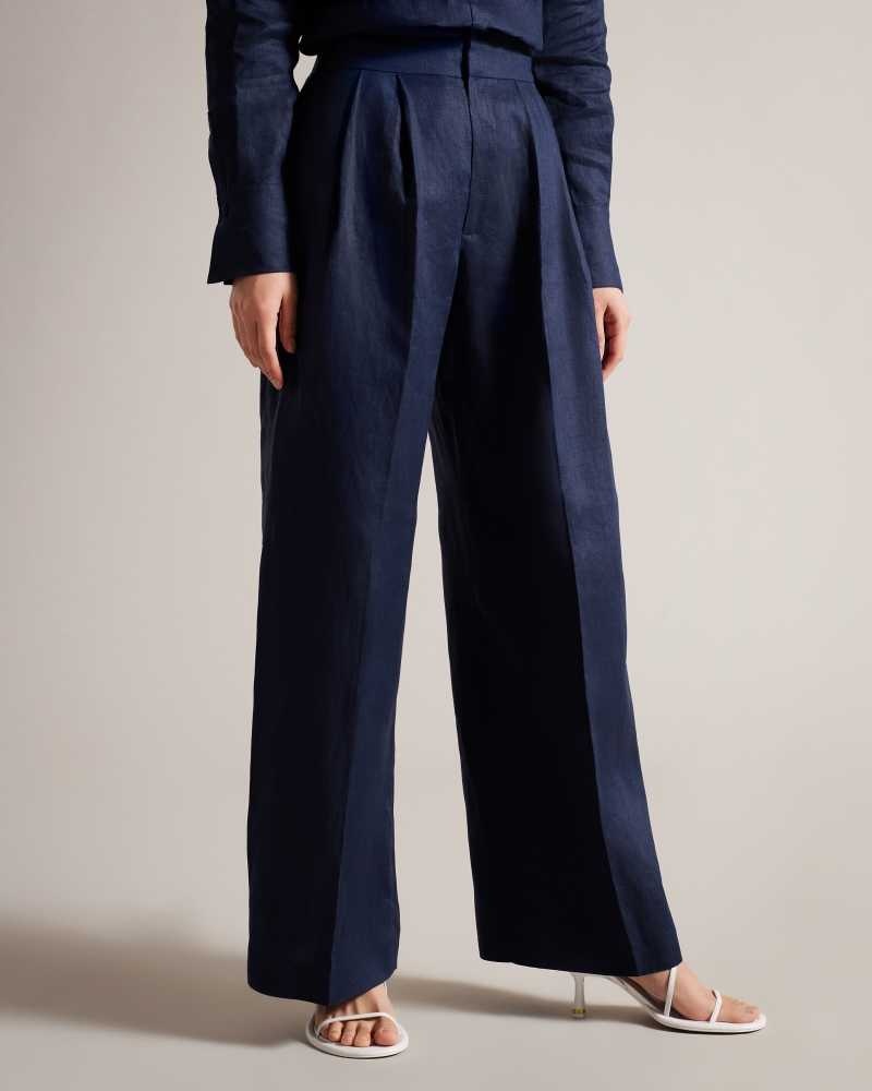 Navy Ted Baker Lucihh Tailored Linen Wide Leg Trousers | US0001118