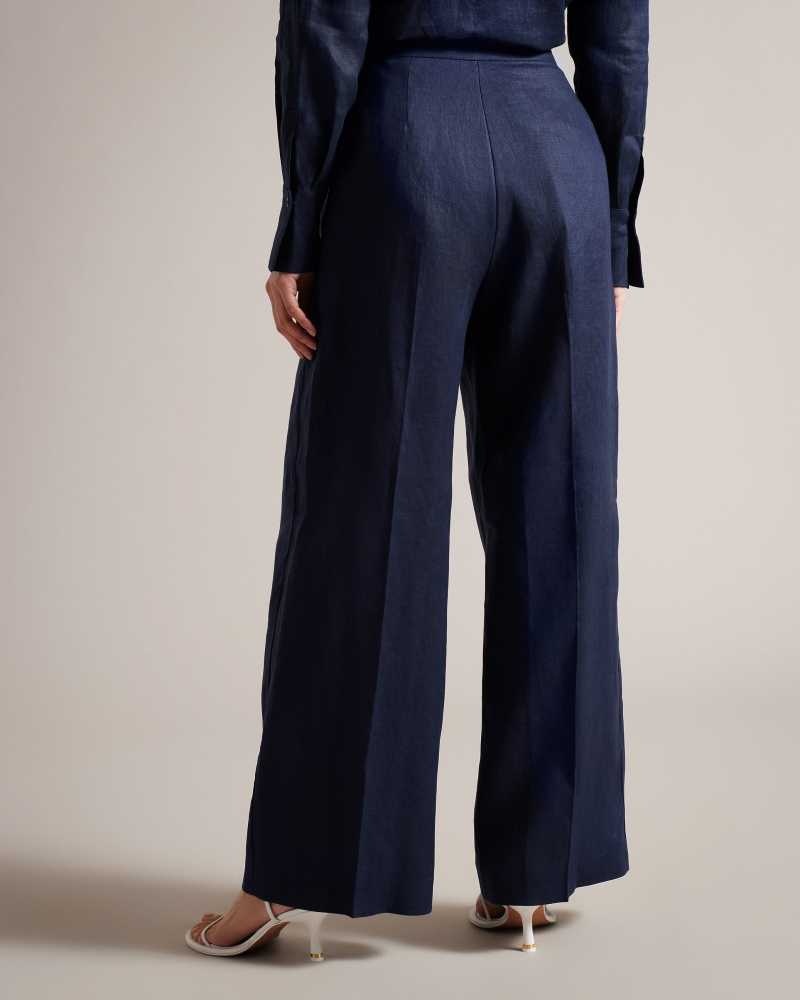 Navy Ted Baker Lucihh Tailored Linen Wide Leg Trousers | US0001118