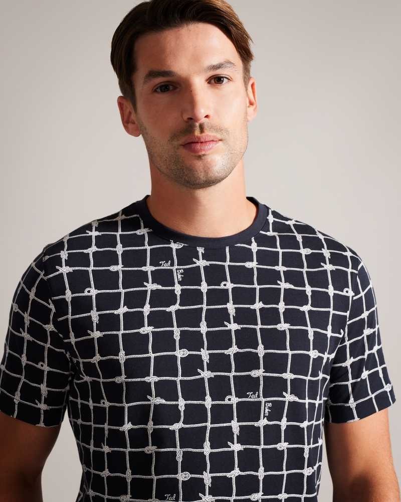 Navy Ted Baker Naidow Short Sleeve Check Print T-Shirt | US0000906