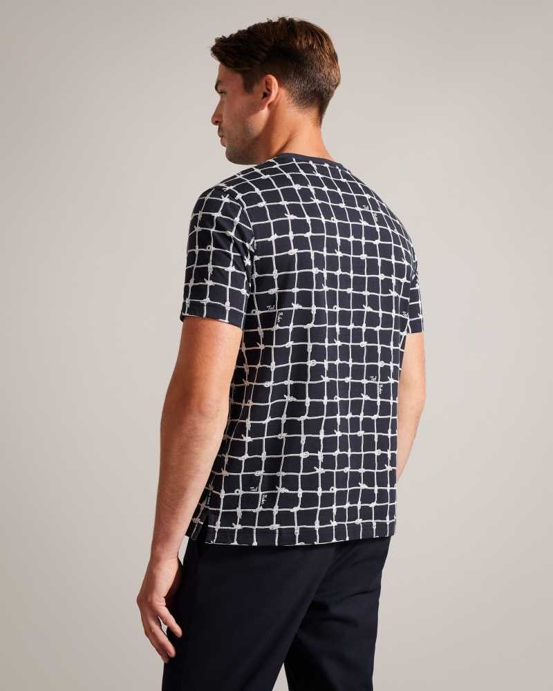 Navy Ted Baker Naidow Short Sleeve Check Print T-Shirt | US0000906