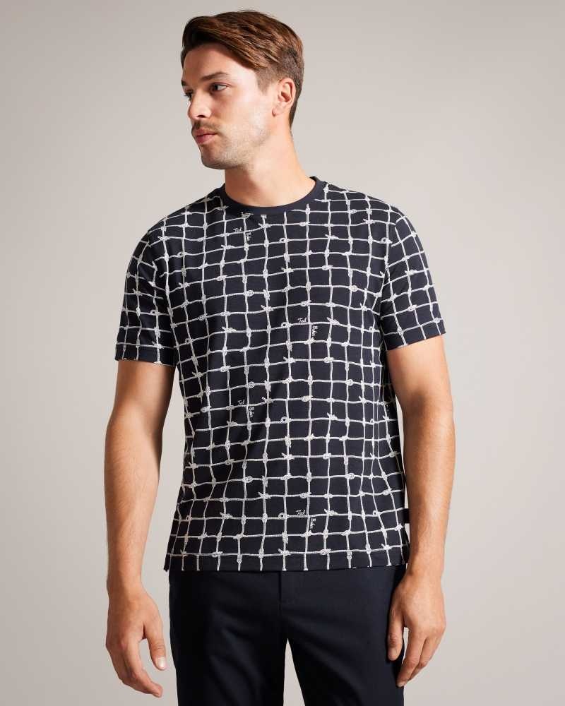 Navy Ted Baker Naidow Short Sleeve Check Print T-Shirt | US0000906