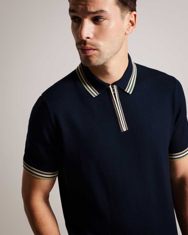 Navy Ted Baker Pierrot Short Sleeve Stripe Trim Polo Shirt | US0000483