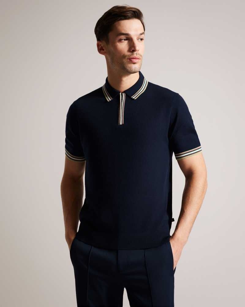 Navy Ted Baker Pierrot Short Sleeve Stripe Trim Polo Shirt | US0000483