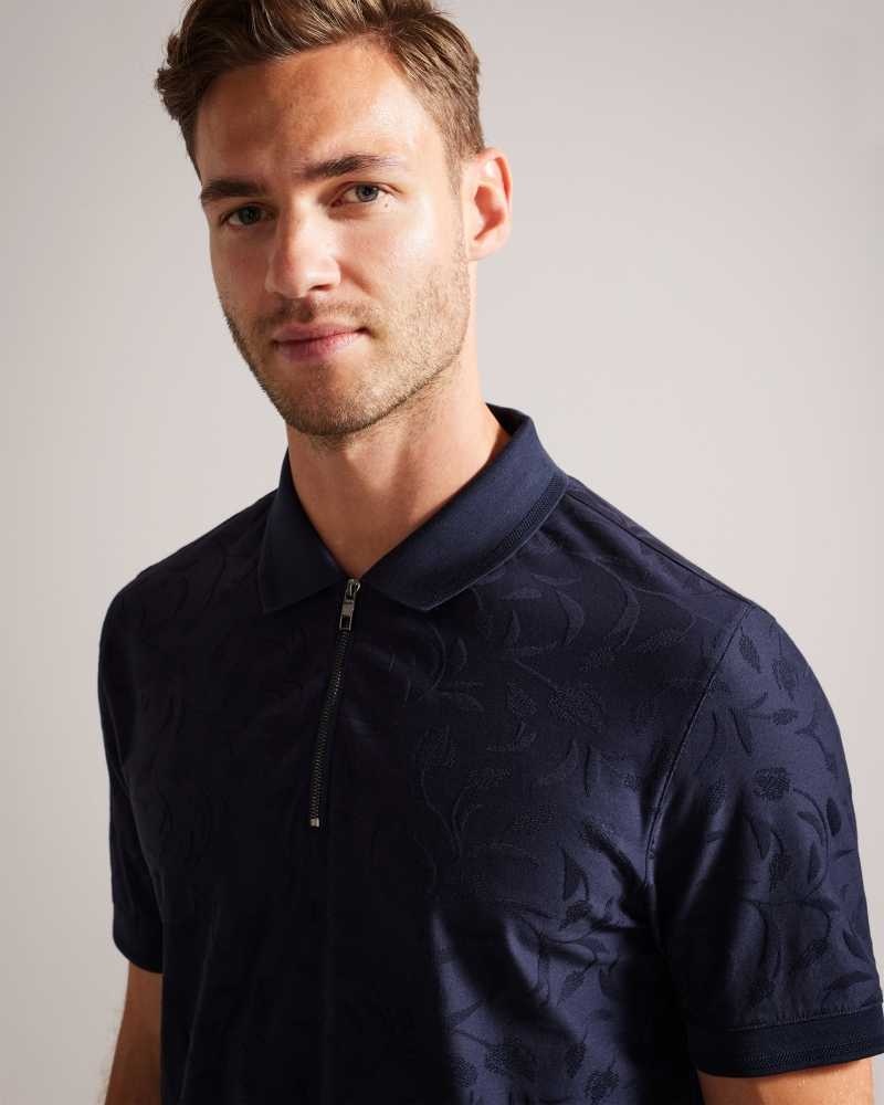 Navy Ted Baker Polenn Tulip Textured Zip Polo Shirt | US0000489