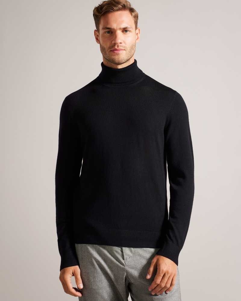 Navy Ted Baker Rainger Merino Wool Roll Neck Jumper | US0000362