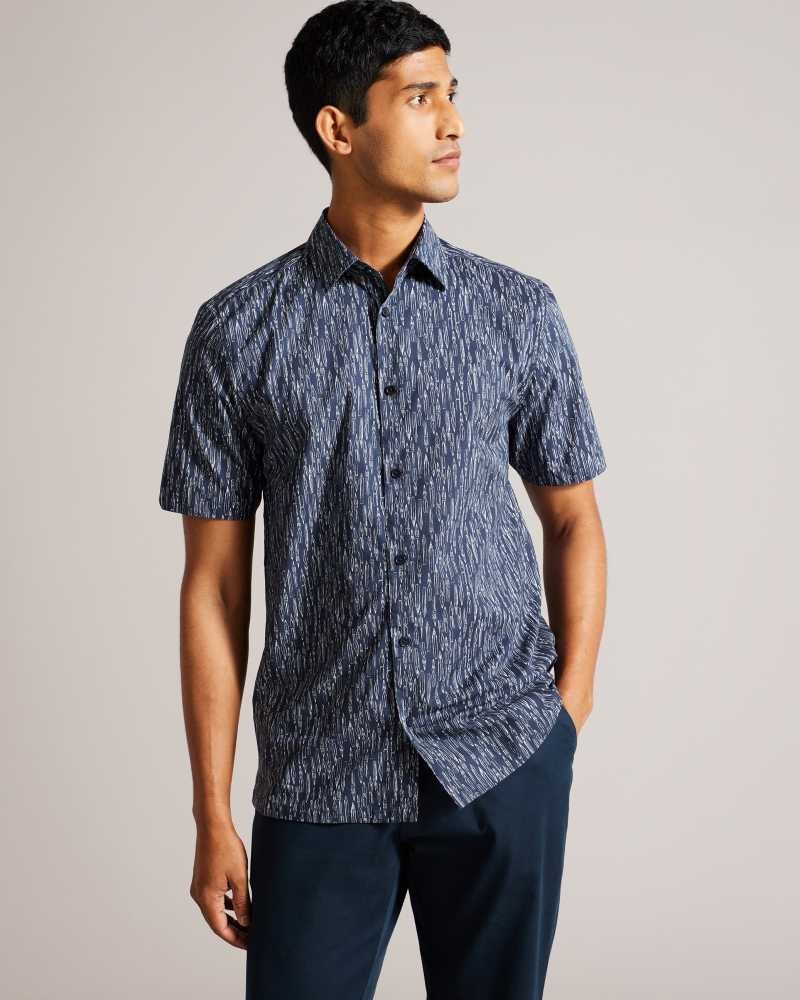 Navy Ted Baker Rieti Short Sleeve Fountain Pen Print Shirt | US0000625