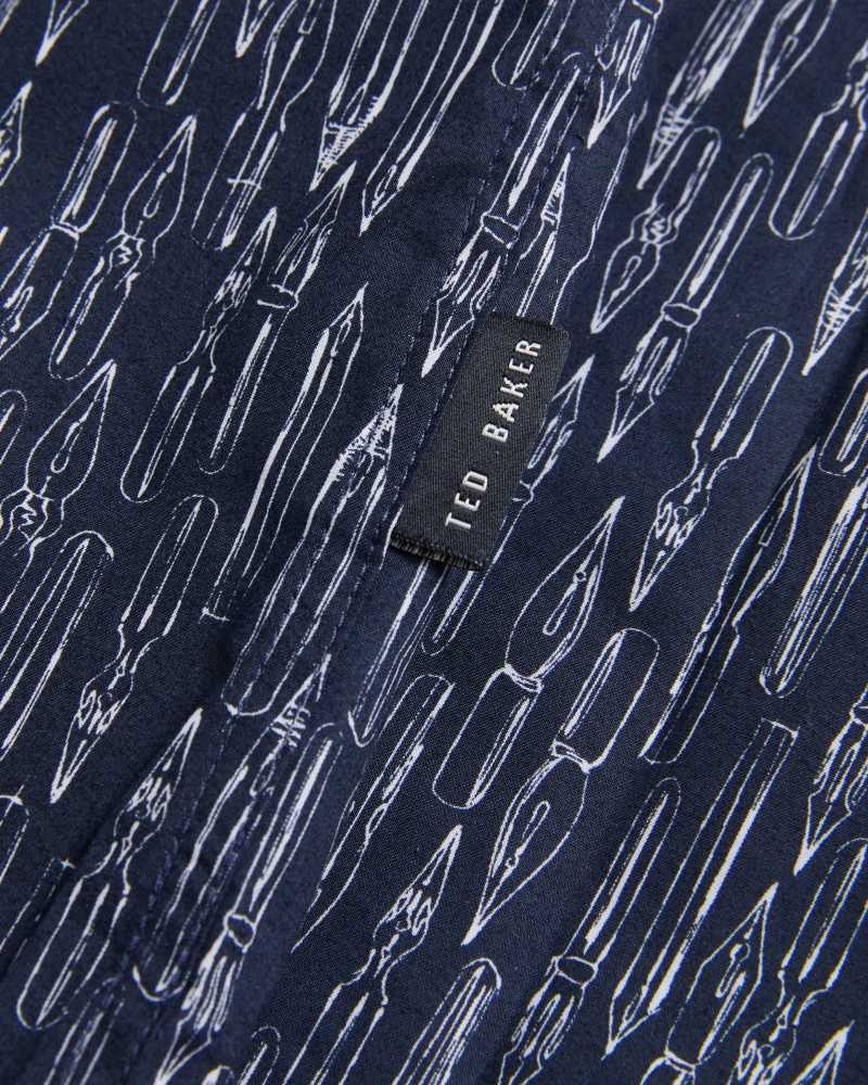 Navy Ted Baker Rieti Short Sleeve Fountain Pen Print Shirt | US0000625