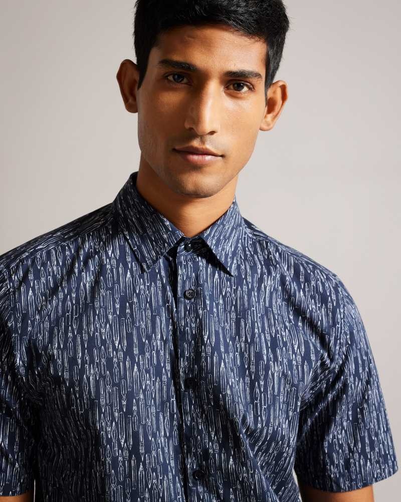 Navy Ted Baker Rieti Short Sleeve Fountain Pen Print Shirt | US0000625