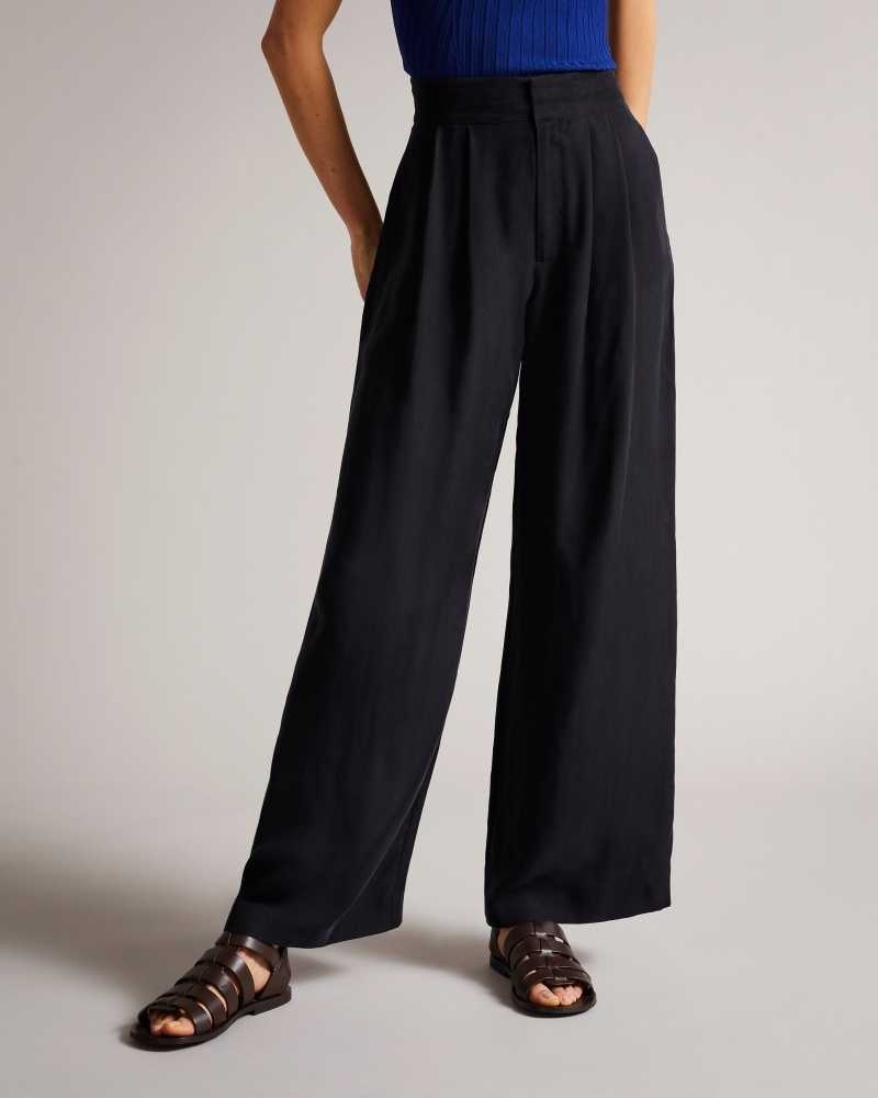 Navy Ted Baker Ronia Pleated Wide Flood Length Trousers | US0001114