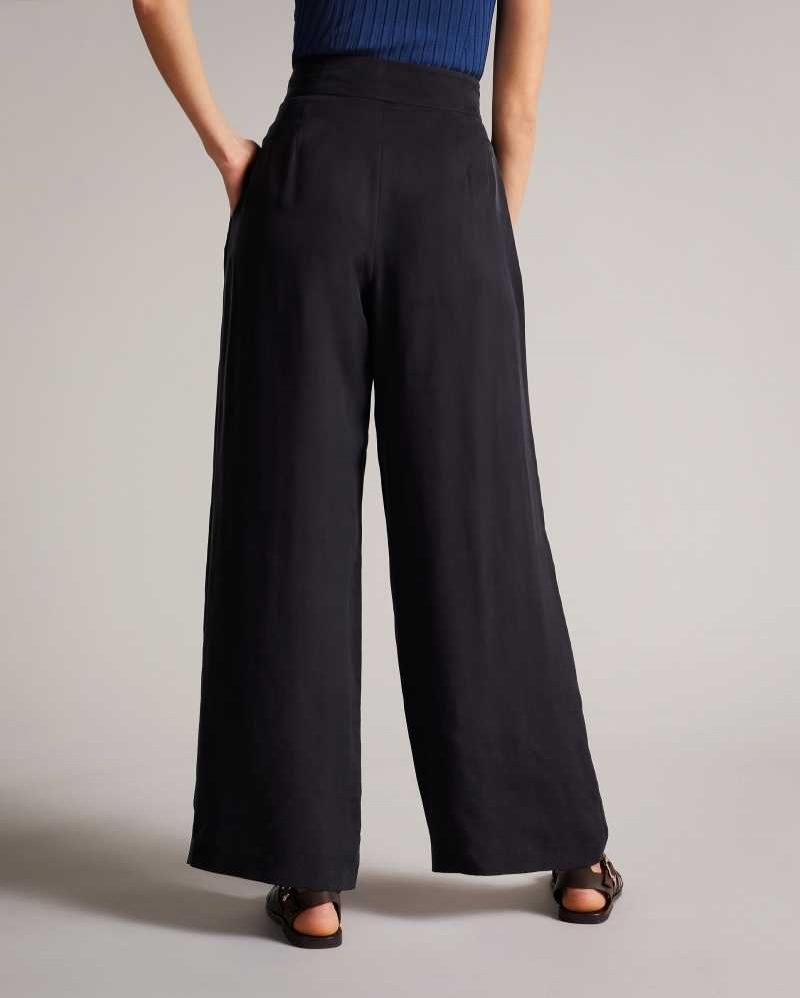 Navy Ted Baker Ronia Pleated Wide Flood Length Trousers | US0001114