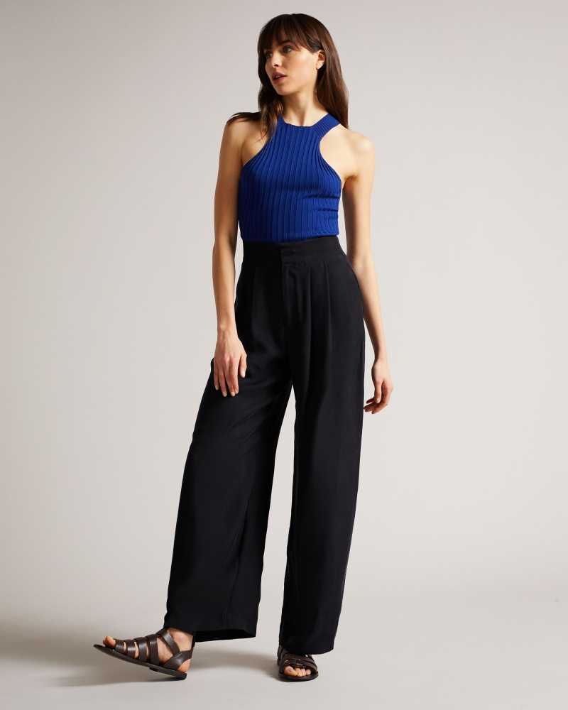 Navy Ted Baker Ronia Pleated Wide Flood Length Trousers | US0001114