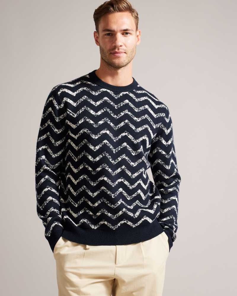 Navy Ted Baker Sesil Long Sleeve Jacquard Chevron Jumper | US0000358