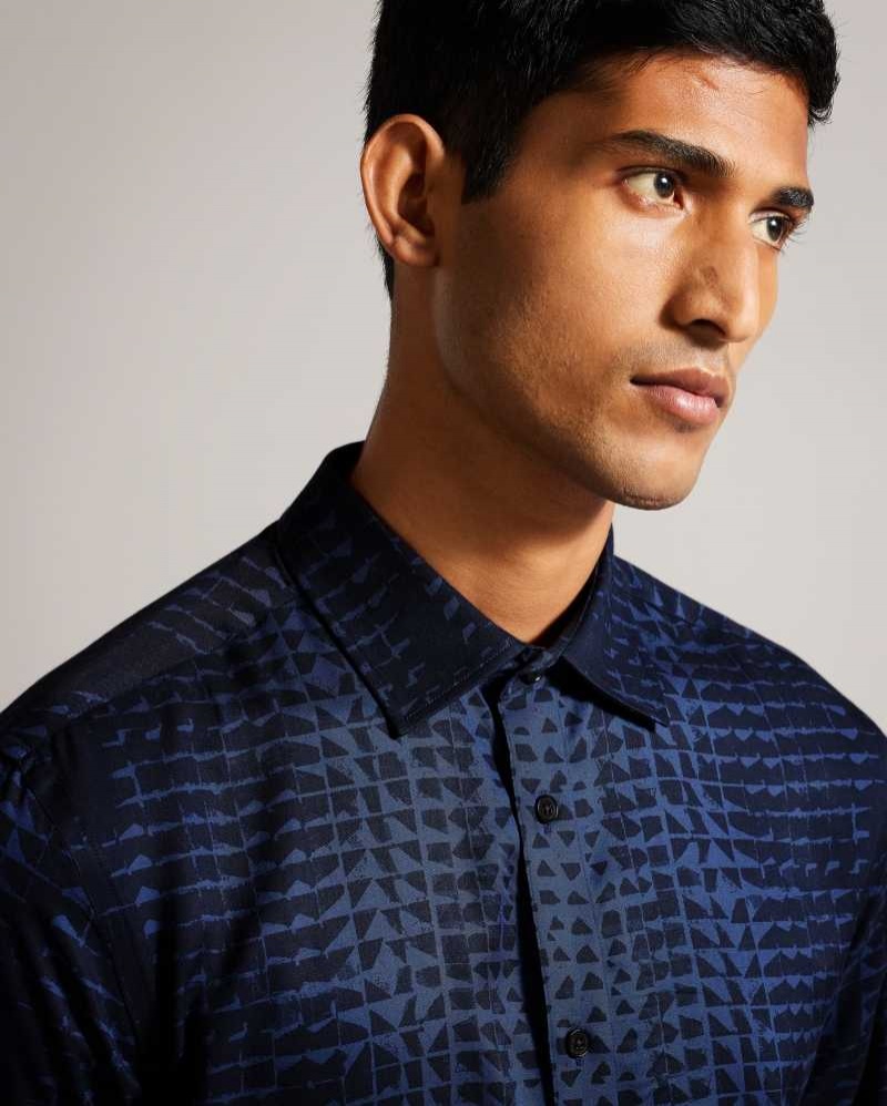 Navy Ted Baker Venosa Long Sleeve Abstract Ombré Print Shirt | US0000611