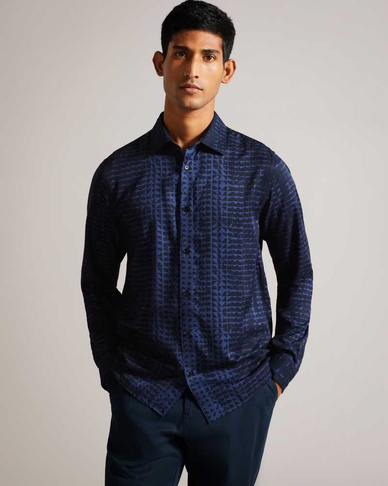 Navy Ted Baker Venosa Long Sleeve Abstract Ombré Print Shirt | US0000611