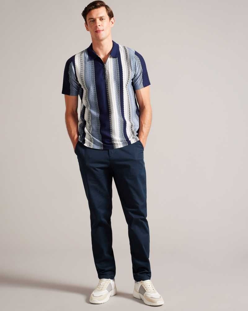 Navy Ted Baker Walraf Textured Stripe Zip Polo Shirt | US0000490