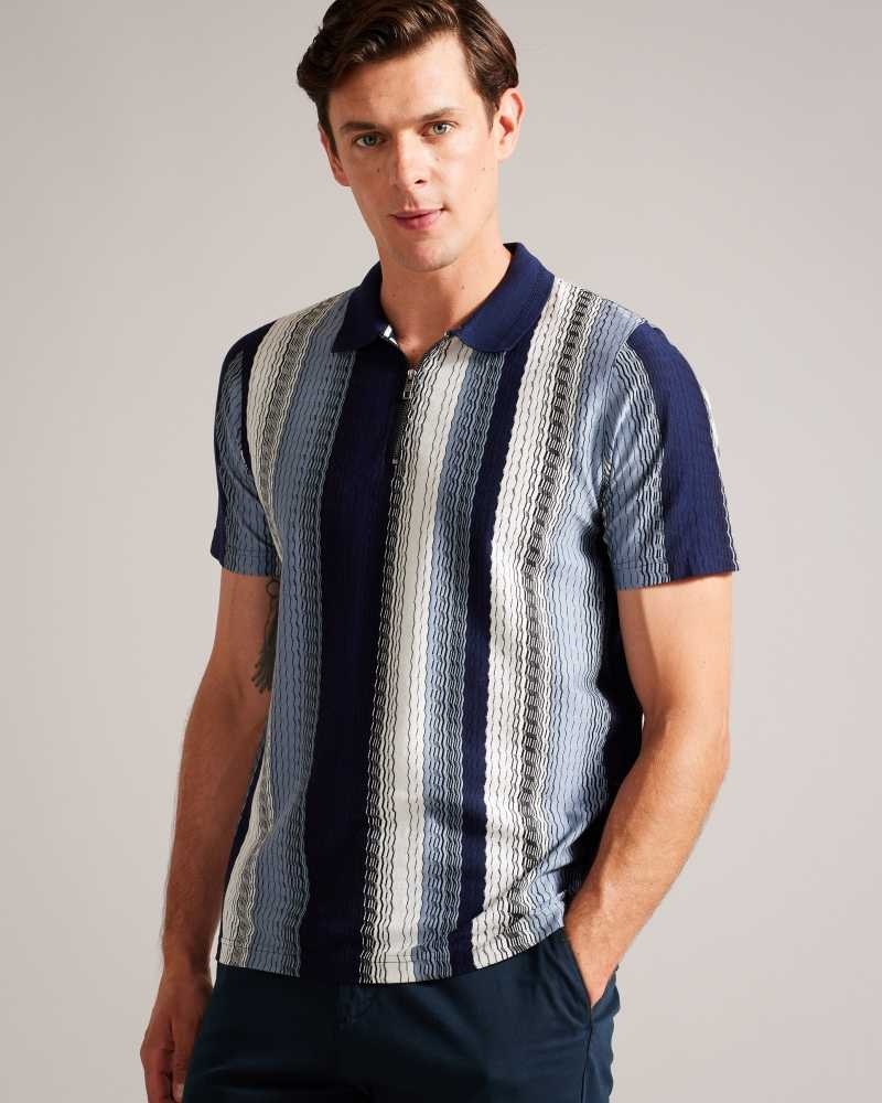 Navy Ted Baker Walraf Textured Stripe Zip Polo Shirt | US0000490