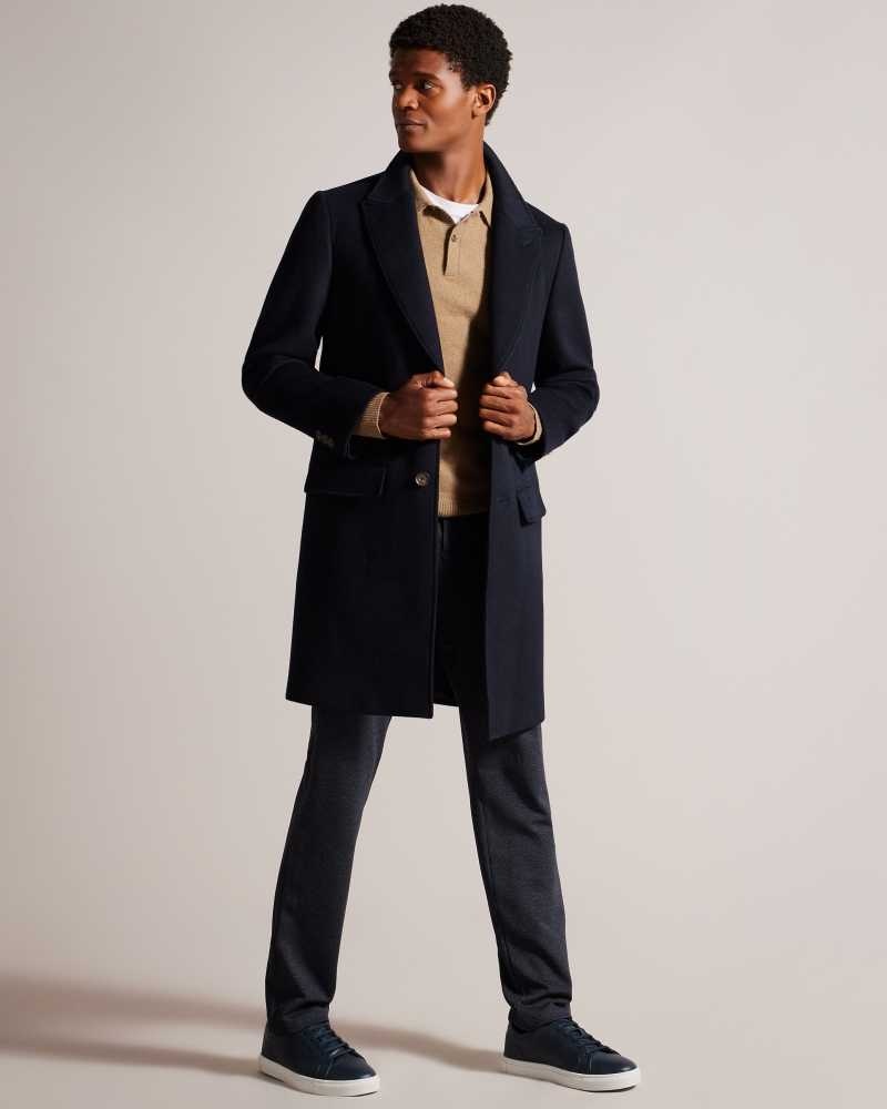 Navy Ted Baker Wilding Wool Blend Overcoat Coats | US0000196