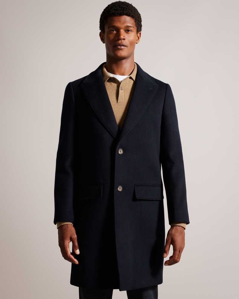 Navy Ted Baker Wilding Wool Blend Overcoat Coats | US0000196